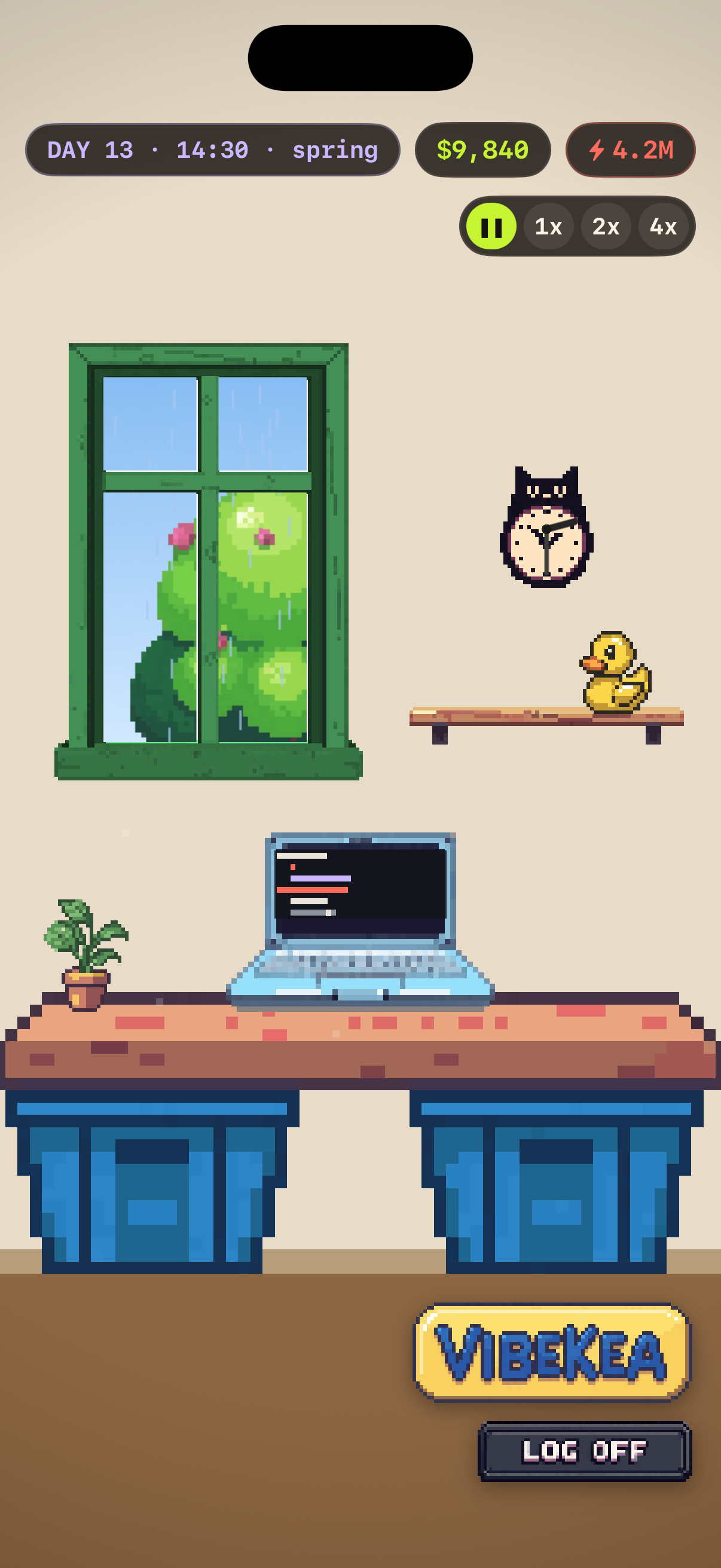 Pixel-art studio apartment with a desk made of a door on milk crates, a tiny Mac showing live code, and a tree outside the window