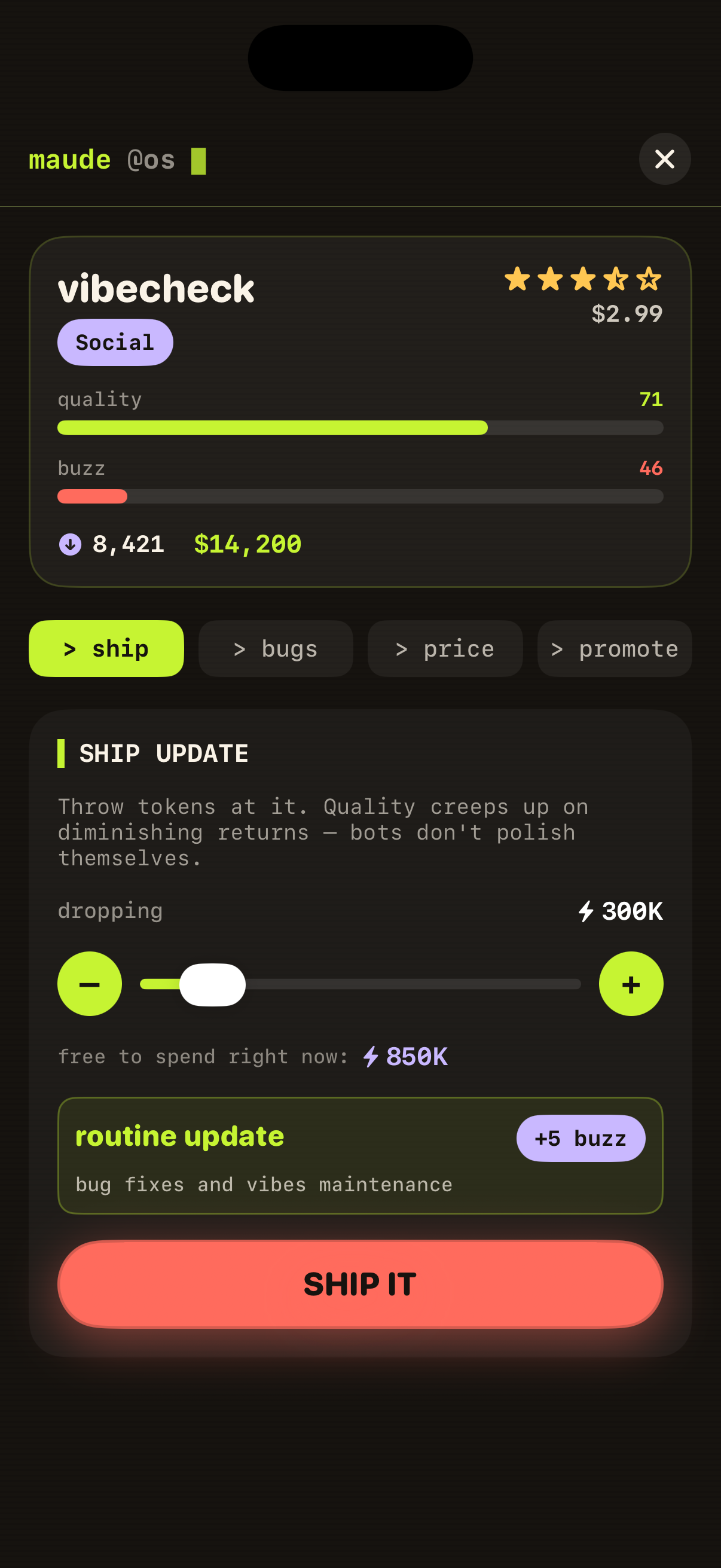 The marketing screen in MaudeOS with reddit spam, billboard, and meme-lab promotion options